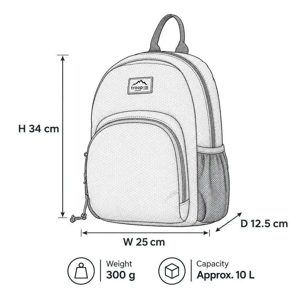 Illustration of Troop London Urban Small Backpack TB008 showing its compact design and multiple compartments.