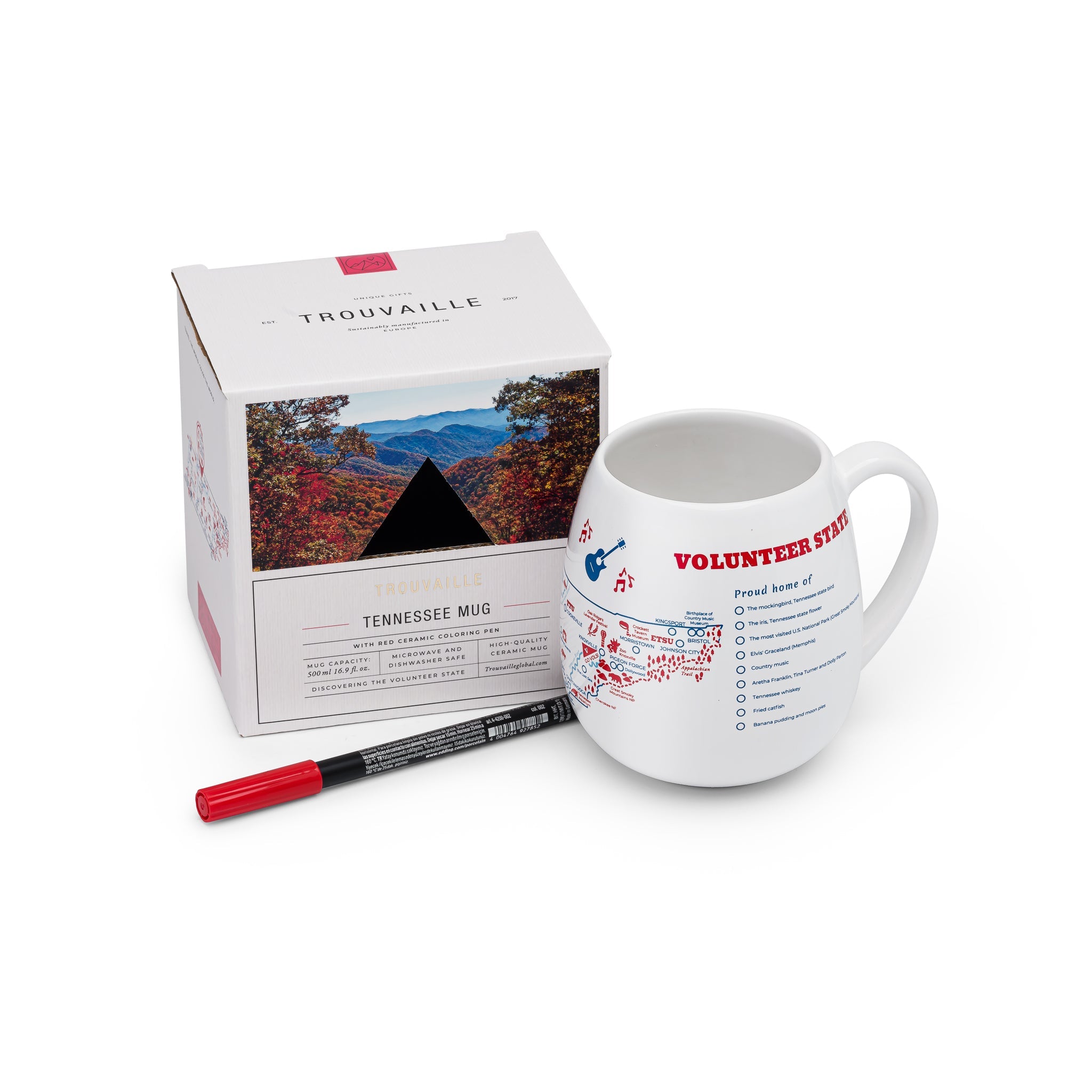 Trouvaille Tennessee map color-in travel mug with packaging and ceramic pen, designed for customizing and coloring the map design.
