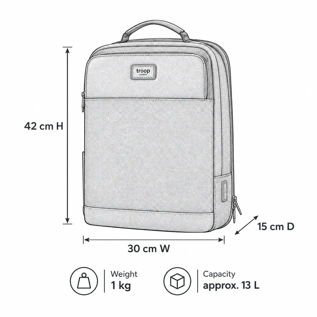 Illustration of Troop London Business Laptop Backpack 15.6-inch with multiple compartments and padded straps for travel comfort.
