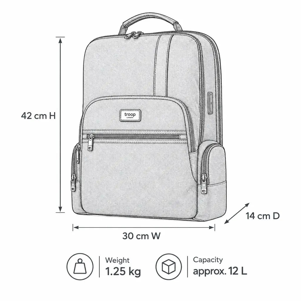 Troop London Slim Business Backpack for 15.6-inch laptops, shown in technical illustration with multiple compartments and sleek design.