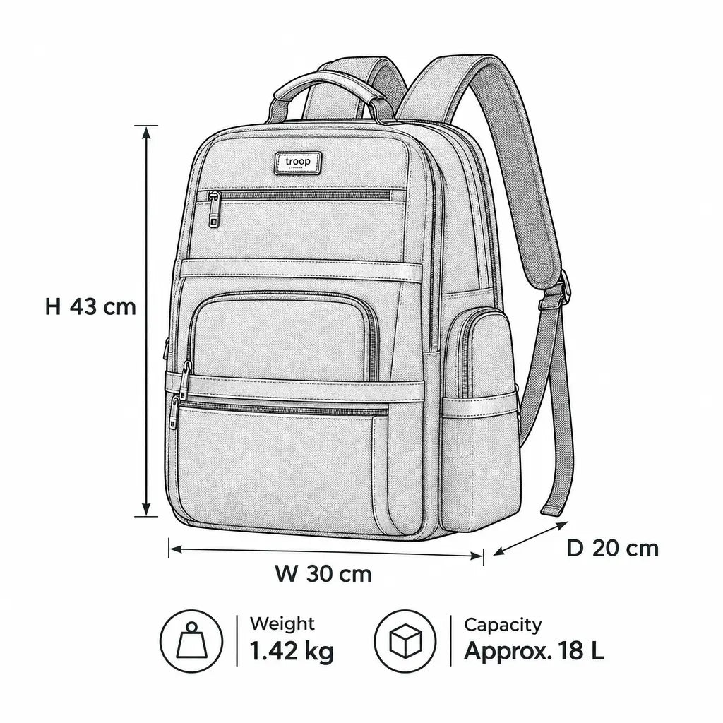 Troop London business backpack with lay-flat tech zone, shown in technical illustration, designed for laptops and organization.