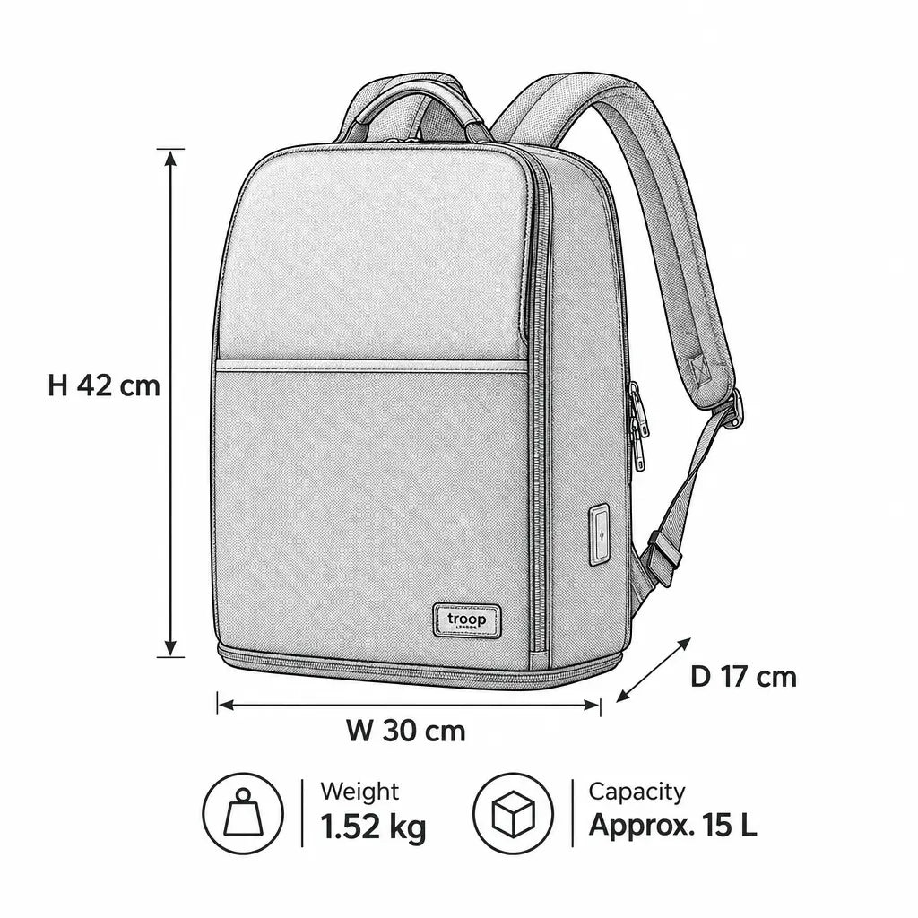 Troop London business laptop backpack with shoe compartment, featuring multiple pockets and sturdy straps for daily use.