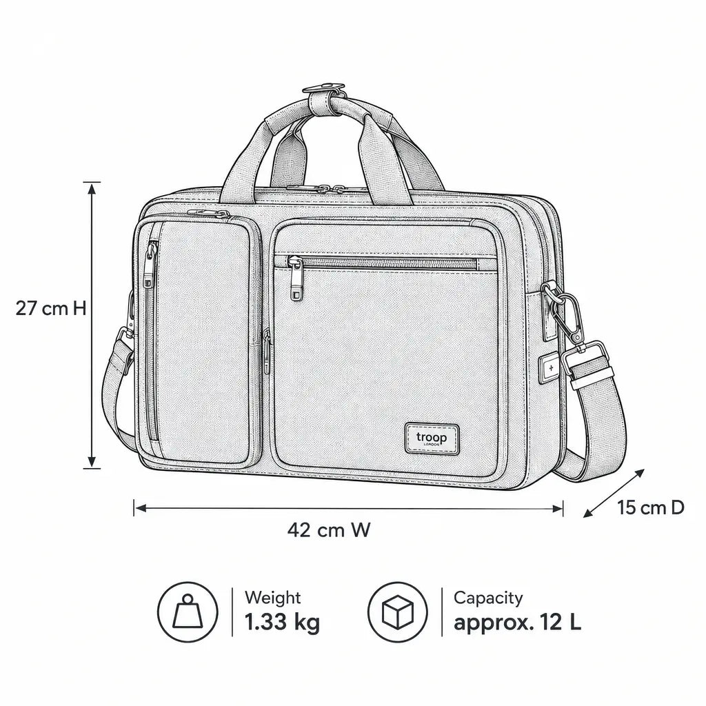 Troop London business laptop briefcase with shoulder strap, technical illustration showing multiple compartments and sturdy design.