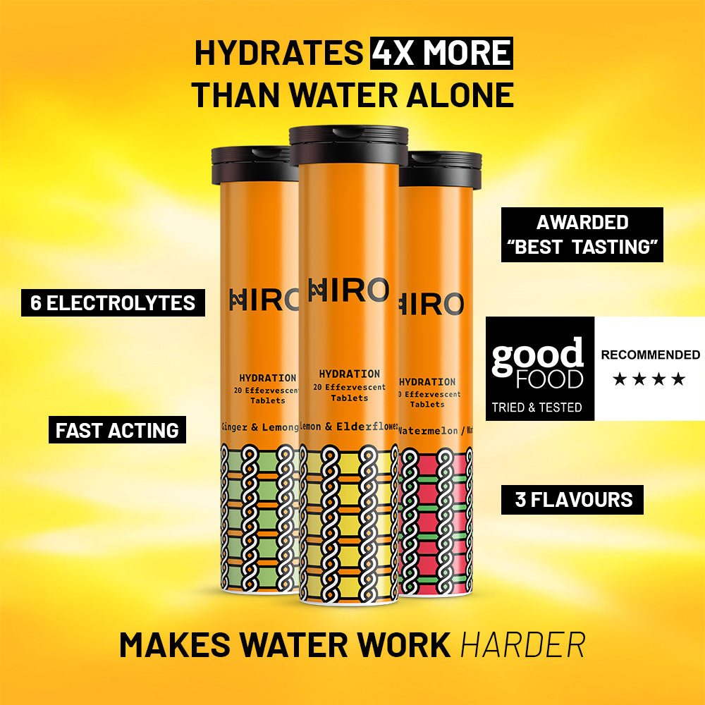 HIRO electrolyte hydration tablets in a triple-flavor pack, featuring colorful sunburst packaging for refreshing hydration.