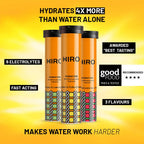 HIRO electrolyte hydration tablets in a triple-flavor pack, featuring colorful sunburst packaging for refreshing hydration.