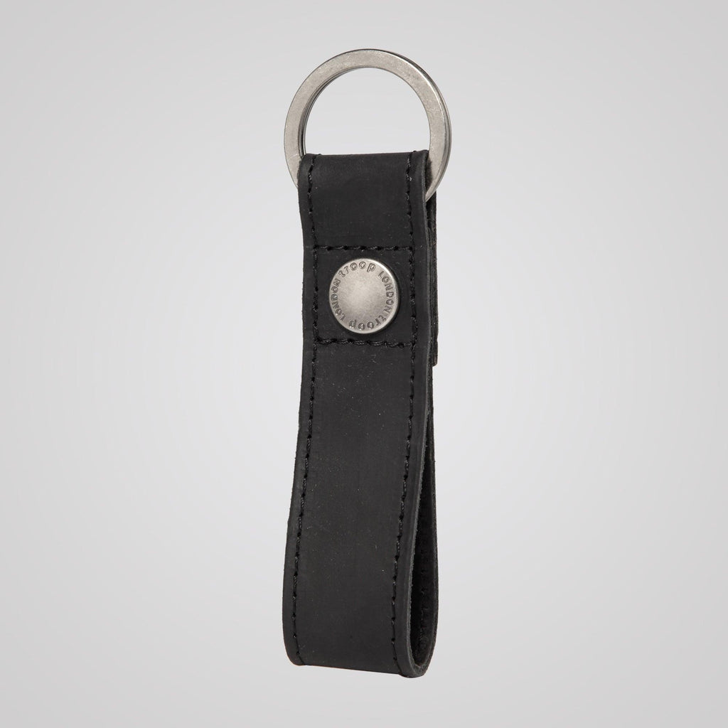 Black genuine leather loop keyring by Troop London, durable accessory with sleek leather finish and metal keyring attachment.