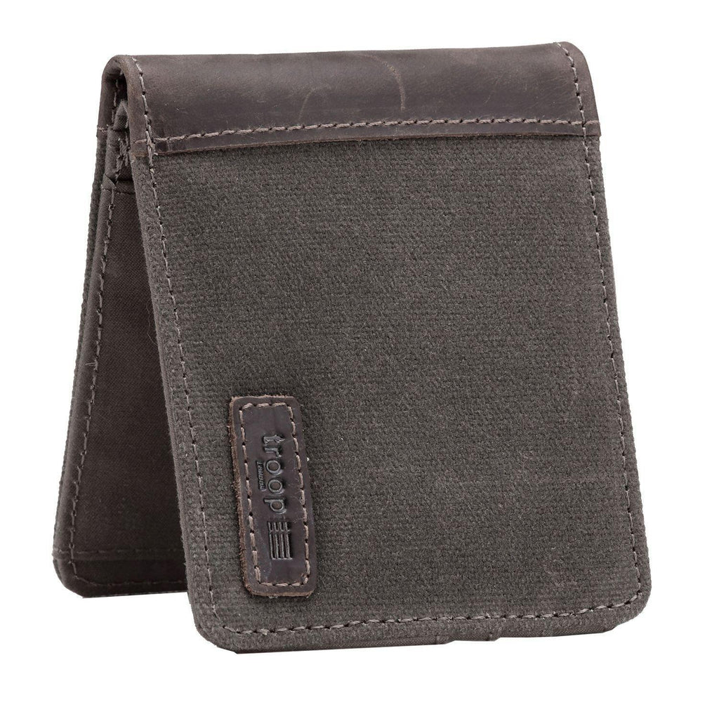 Charcoal canvas Troop London bi-fold wallet with multiple card slots and a sleek design for everyday accessories.