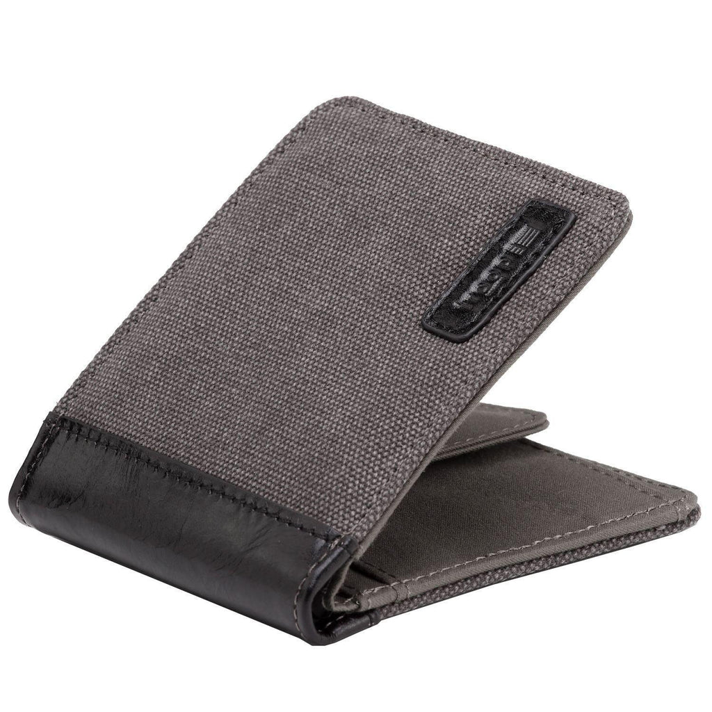 Charcoal canvas bi-fold wallet by Troop London with multiple card slots and a sleek, compact design for everyday accessories.