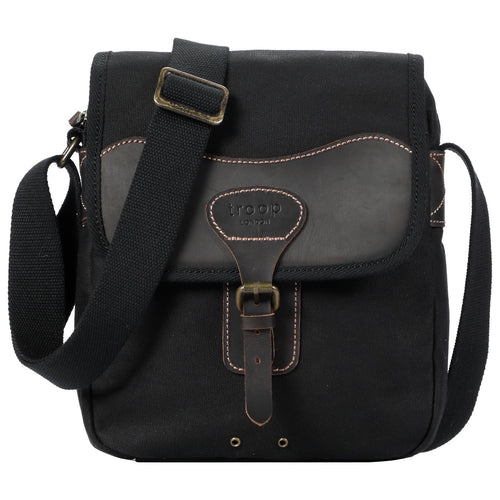 Troop London Heritage Canvas Across Body Bag in black with adjustable strap and durable fabric, stylish and functional everyday bag.