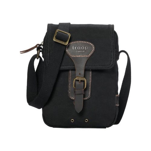 Black Heritage Canvas Mini Across Body Bag by Troop London, compact and stylish with adjustable strap, casual everyday wear.