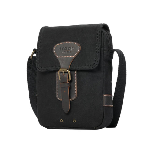 Black Heritage Canvas Mini Across Body Bag by Troop London, compact and stylish with adjustable strap and subtle branding.