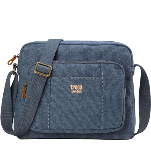 Large black canvas crossbody bag by Troop London with a stone-washed finish and adjustable strap for casual style.
