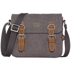 Charcoal canvas crossbody bag by Troop London with adjustable strap and minimalist design, shown from front angle.