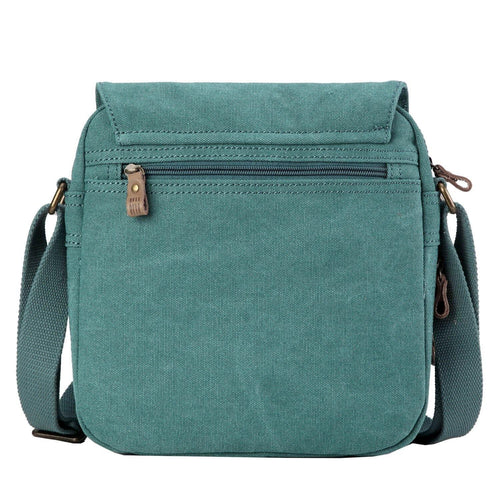Troop London charcoal canvas crossbody bag with flap, shoulder pad, and adjustable strap for versatile everyday use.