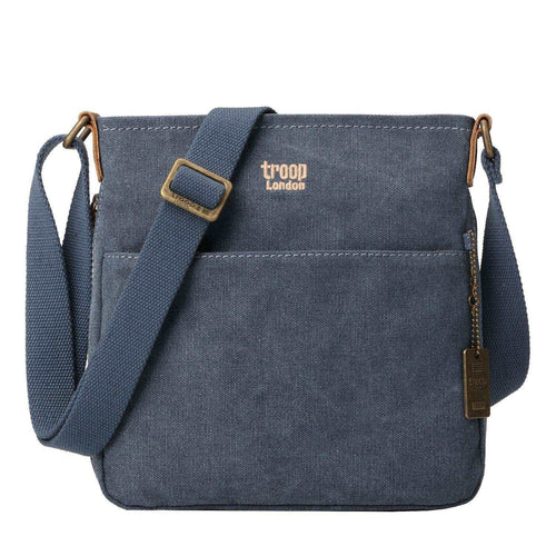 Troop London charcoal classic canvas crossbody bag with adjustable strap and zip closure, designed for everyday use.