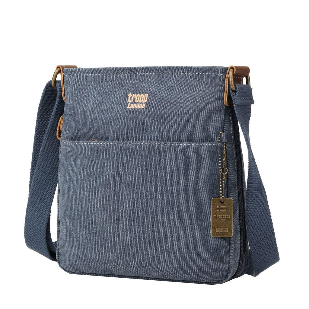 Troop London classic charcoal canvas crossbody bag with adjustable strap and minimalist design.