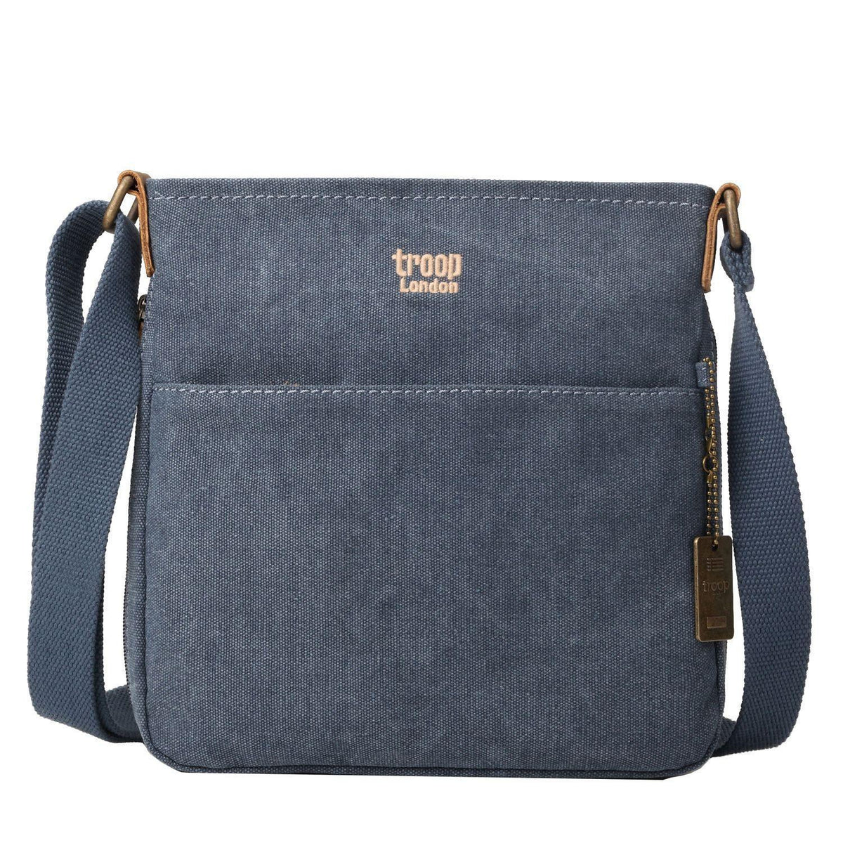 Troop London classic charcoal canvas crossbody bag with adjustable strap and minimalist design for everyday use.