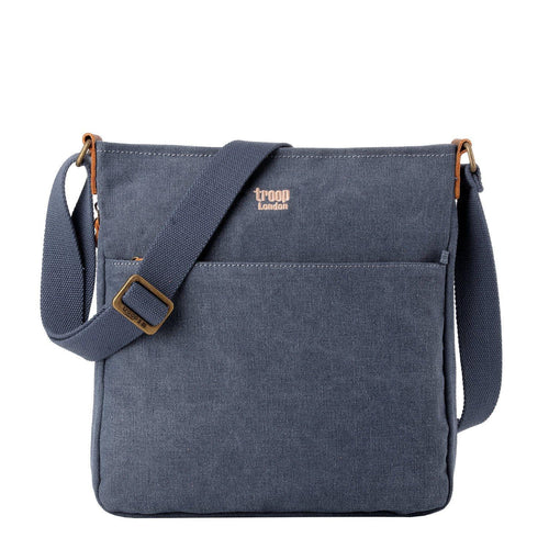 Large charcoal canvas crossbody bag by Troop London with adjustable strap and spacious interior for everyday use.