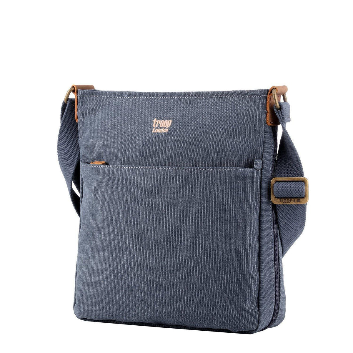 Large charcoal canvas crossbody bag by Troop London with adjustable strap and spacious interior for everyday use.