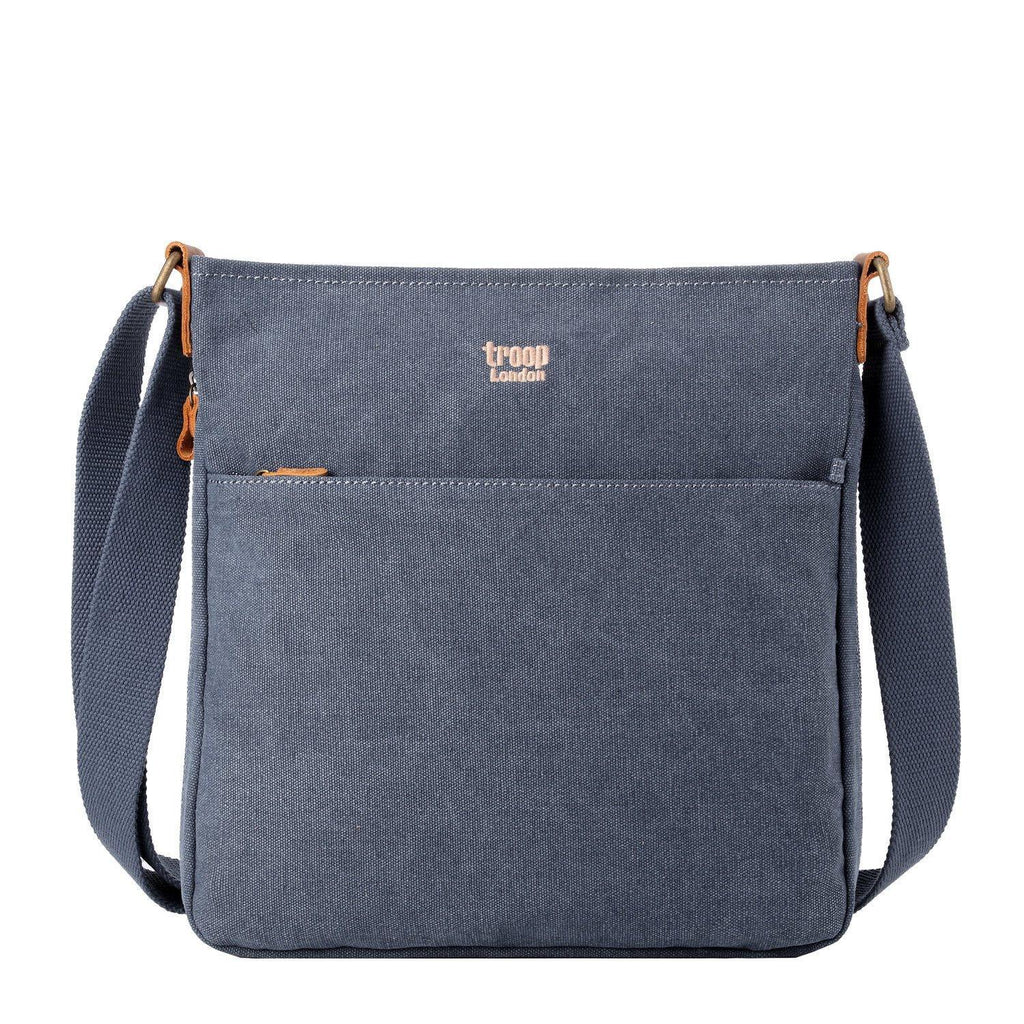 Large charcoal canvas crossbody bag by Troop London with adjustable strap and spacious interior for everyday use.