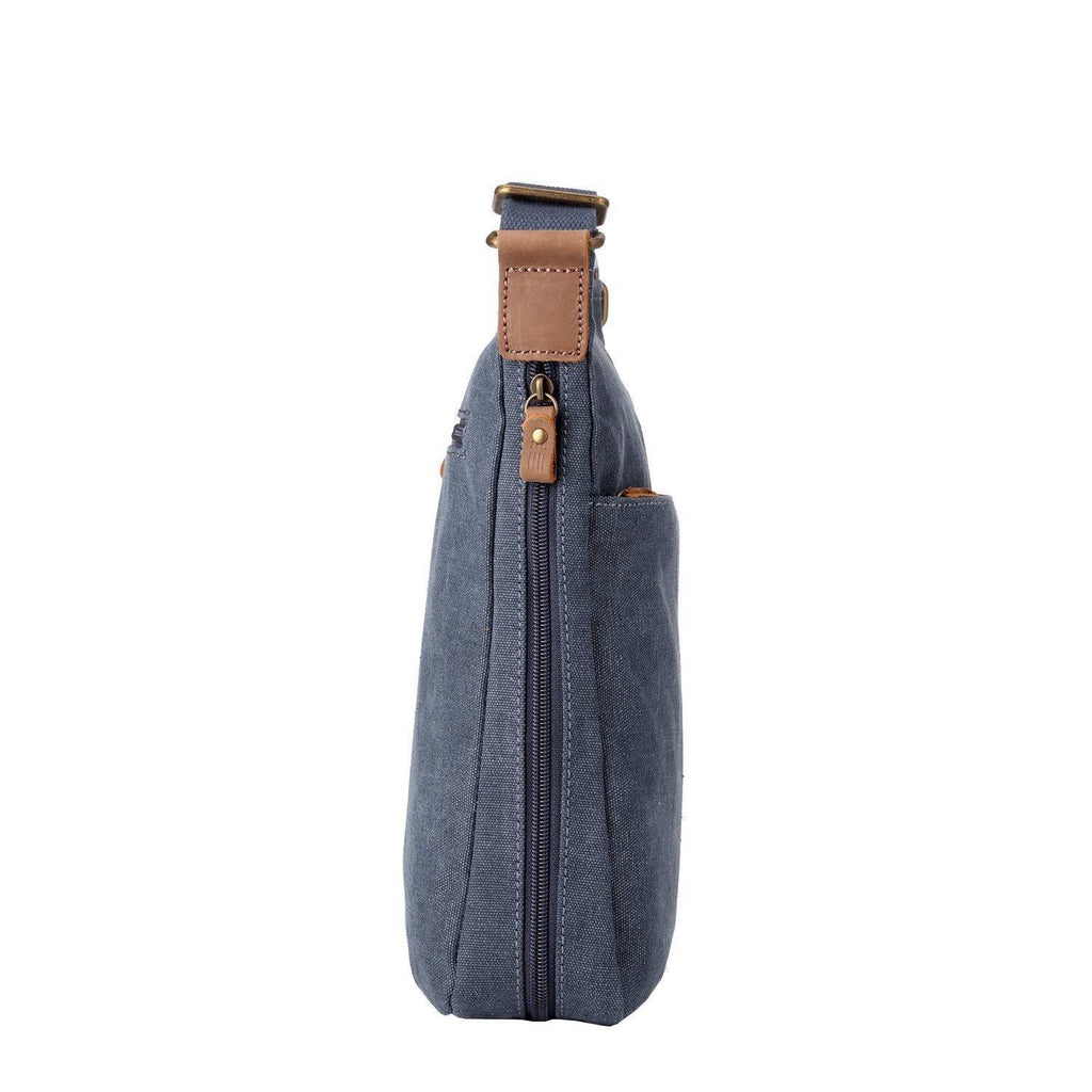 Large charcoal canvas crossbody bag by Troop London with adjustable strap and spacious main compartment.