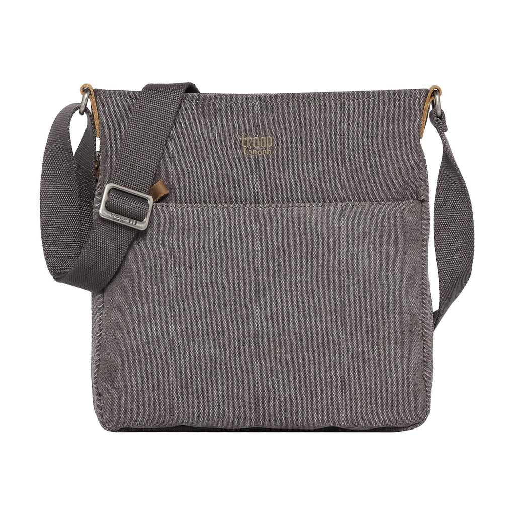 Large charcoal canvas crossbody bag by Troop London with adjustable strap and spacious interior for everyday use.