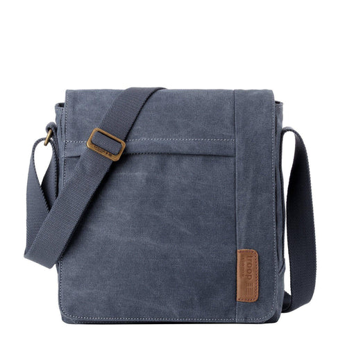 Large charcoal canvas crossbody bag with flap closure by Troop London, stylish and spacious across body bag.