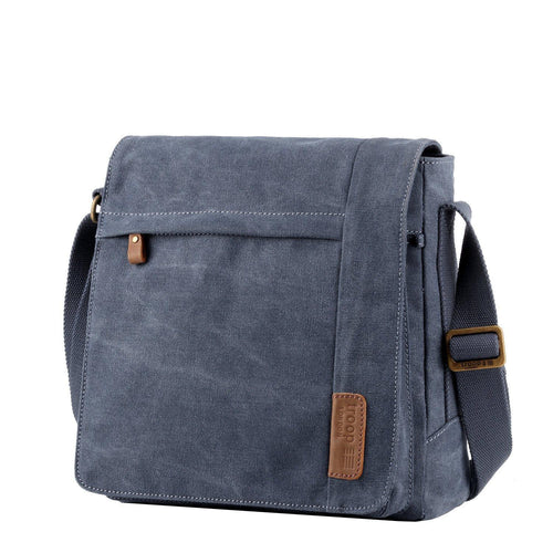 Large charcoal canvas crossbody bag with flap closure by Troop London, designed for versatile everyday use.