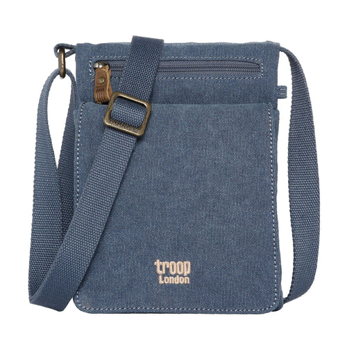 Charcoal mini canvas across body bag by Troop London with organizer, featuring adjustable strap and compact design.