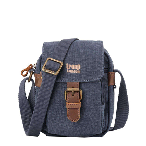 Charcoal mini canvas crossbody bag by Troop London with adjustable strap and sleek design for everyday use.