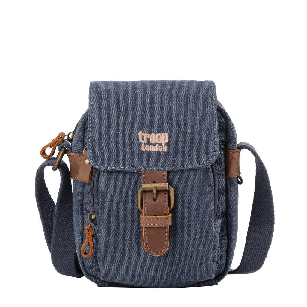 Charcoal mini canvas crossbody bag by Troop London with adjustable strap and compact design.