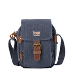 Charcoal mini canvas crossbody bag by Troop London with adjustable strap and compact design.