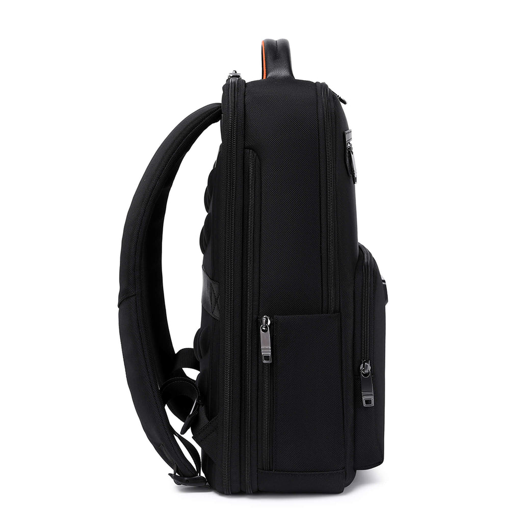 Black Troop London Business Expandable Laptop Backpack with multiple compartments and padded laptop sleeve.