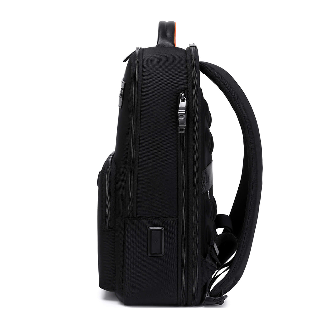 Black Troop London Business Expandable Laptop Backpack with multiple compartments and padded shoulder straps for comfortable carrying.