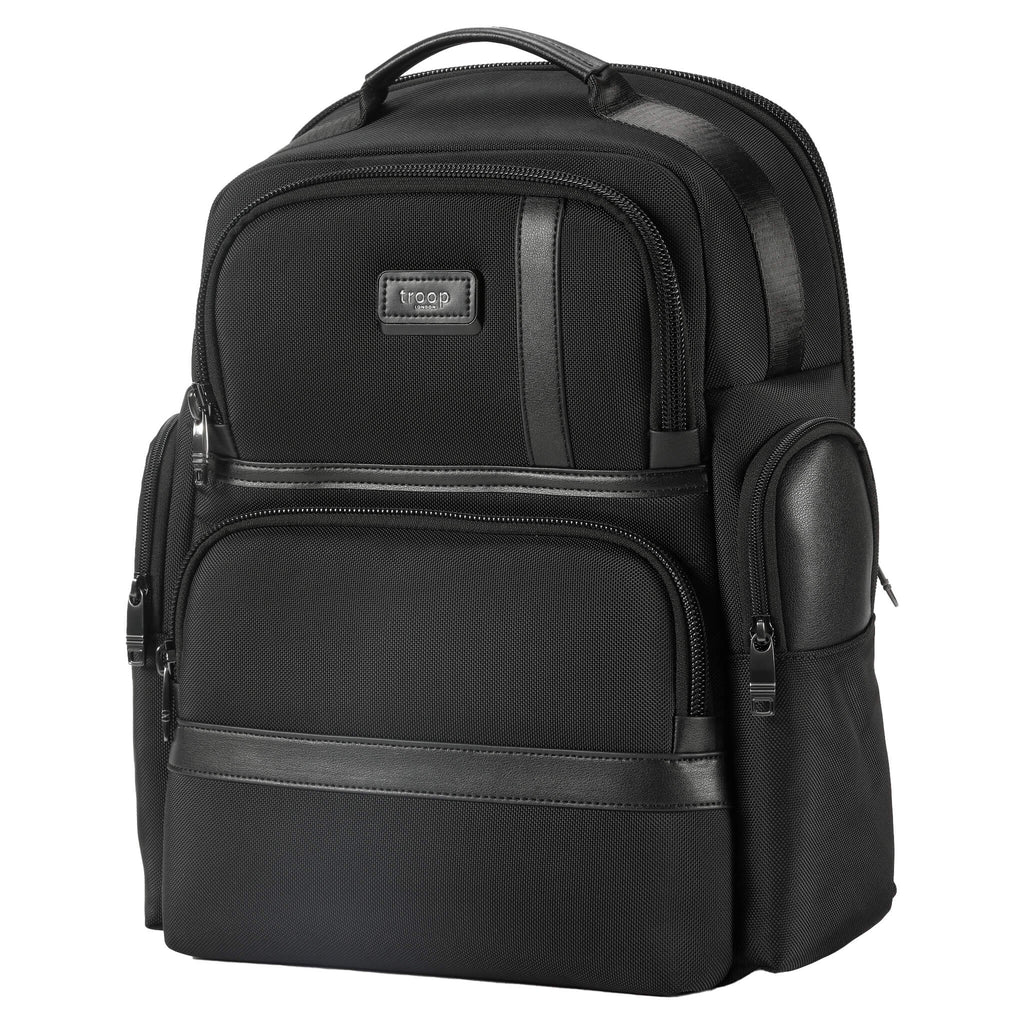 Large black Troop London business laptop backpack with multiple compartments and padded straps for comfortable carrying.