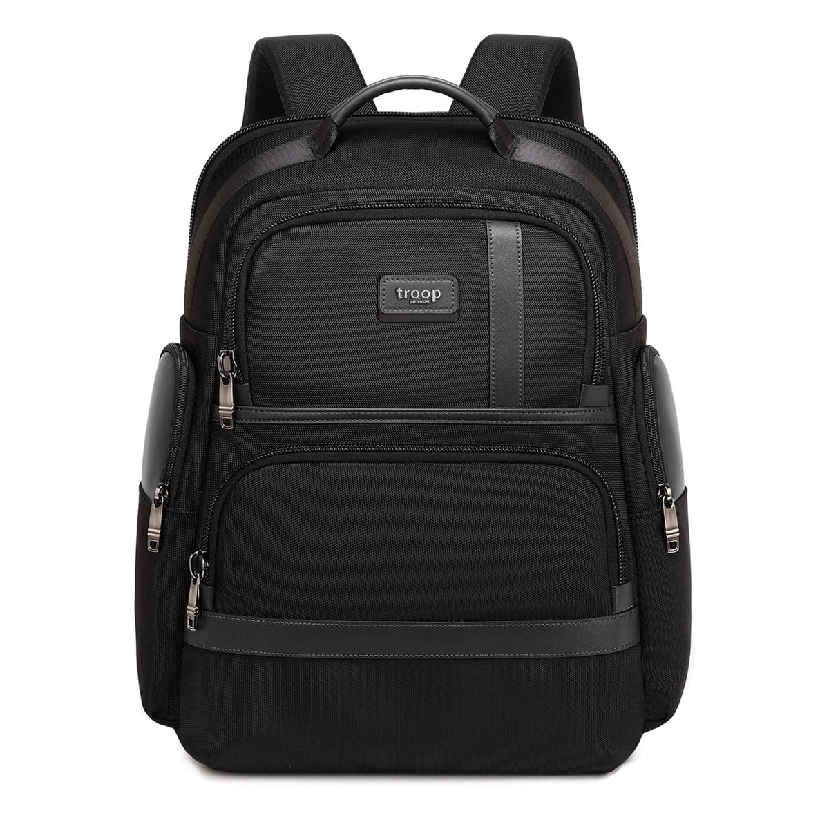 Large black Troop London business laptop backpack with multiple compartments and padded straps for comfortable carrying.