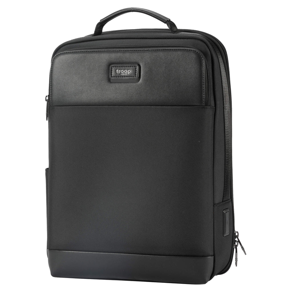 Black Troop London business laptop backpack with multiple compartments and padded straps for comfortable carrying.
