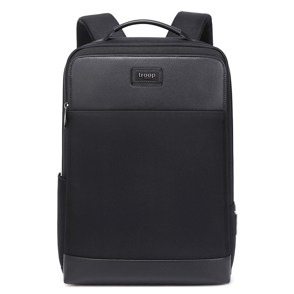 Black Troop London business laptop backpack with multiple compartments and padded shoulder straps for comfort.