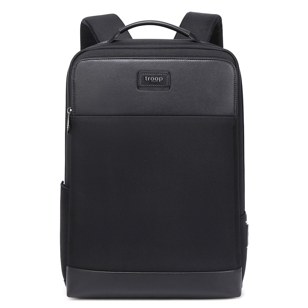 Black Troop London business laptop backpack with multiple compartments and padded shoulder straps for comfort.