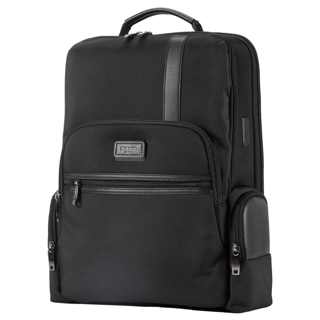 Black Troop London business laptop backpack with padded compartments and multiple storage pockets for organizing devices and accessories.