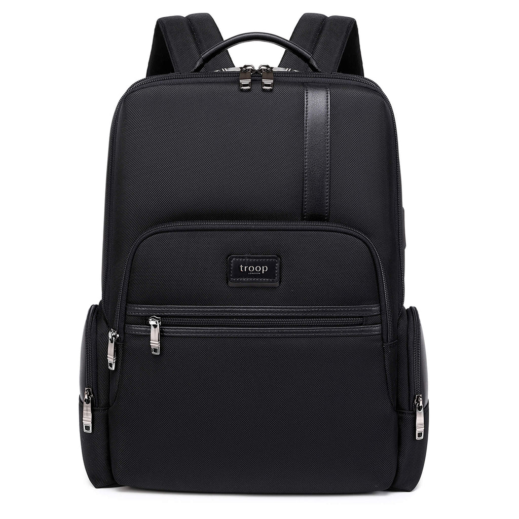 Black Troop London business laptop backpack with multiple compartments, ergonomic straps, and sleek design for professionals.