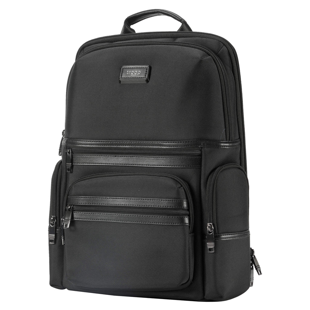 Black Troop London Business Slim Laptop Backpack with padded laptop compartment and ergonomic shoulder straps.