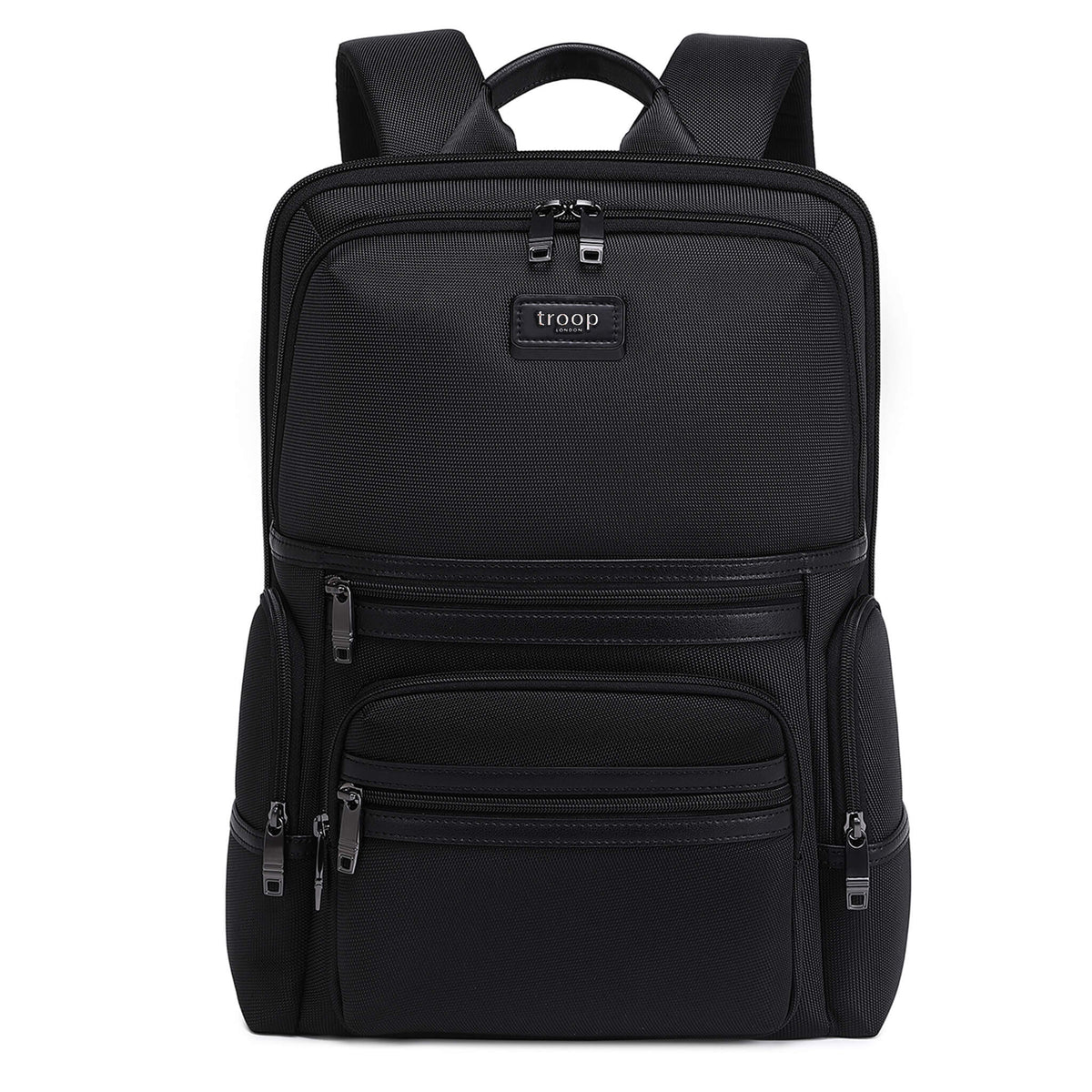 Black Troop London Business Slim Laptop Backpack with padded compartment and sleek design for professional use.