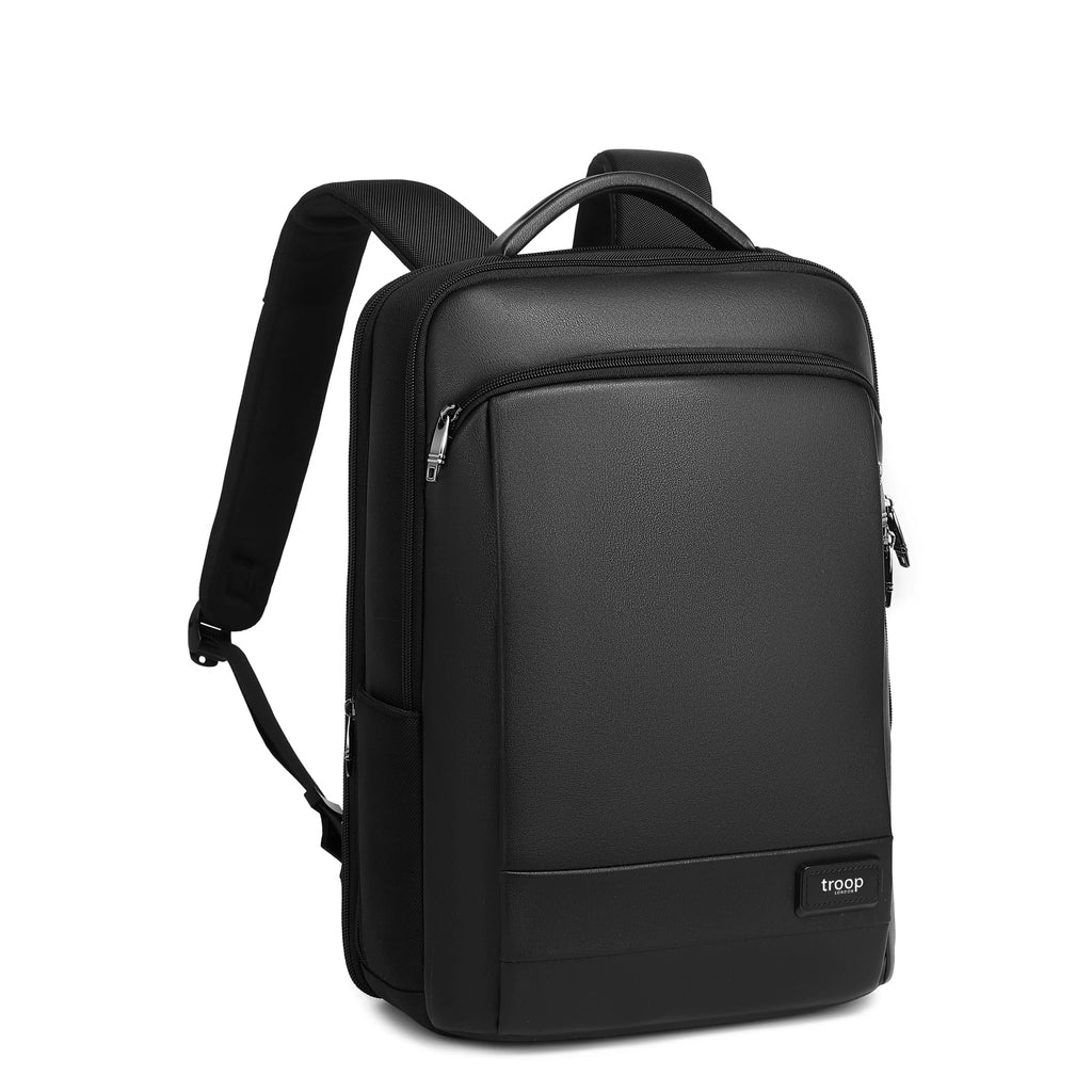 Troop London black business slim laptop backpack with tech zone pocket, designed for professional and tech-savvy users.
