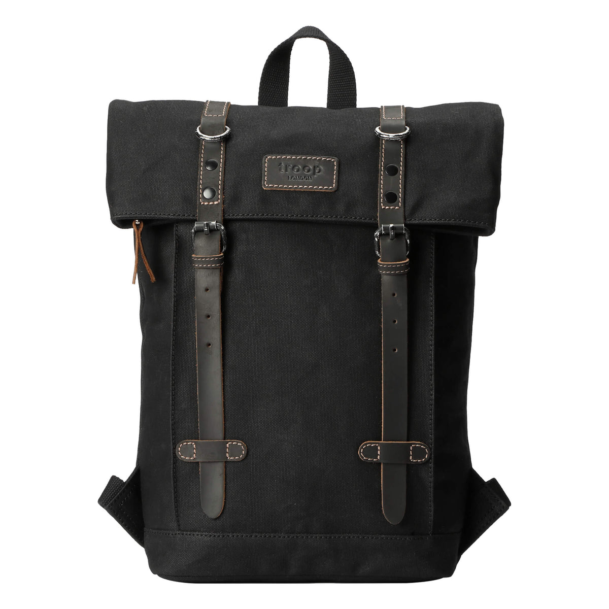 Heritage Small Waxed Canvas Backpack by Troop London in black, showing front view with adjustable straps and leather accents.