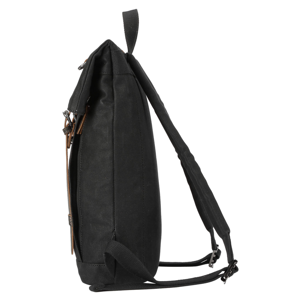 Troop London Heritage small waxed canvas backpack in black with leather straps and adjustable shoulder straps.