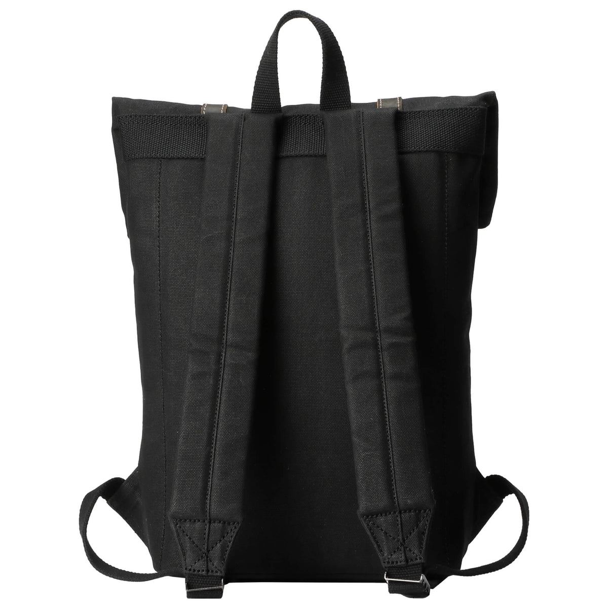 Black Troop London Heritage Small Waxed Canvas Backpack with adjustable straps and front pocket for everyday use.