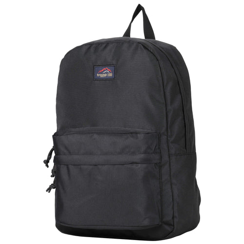 Black Heritage Vegan Laptop Backpack by Troop London, 15-inch size, featuring multiple compartments and durable vegan leather.