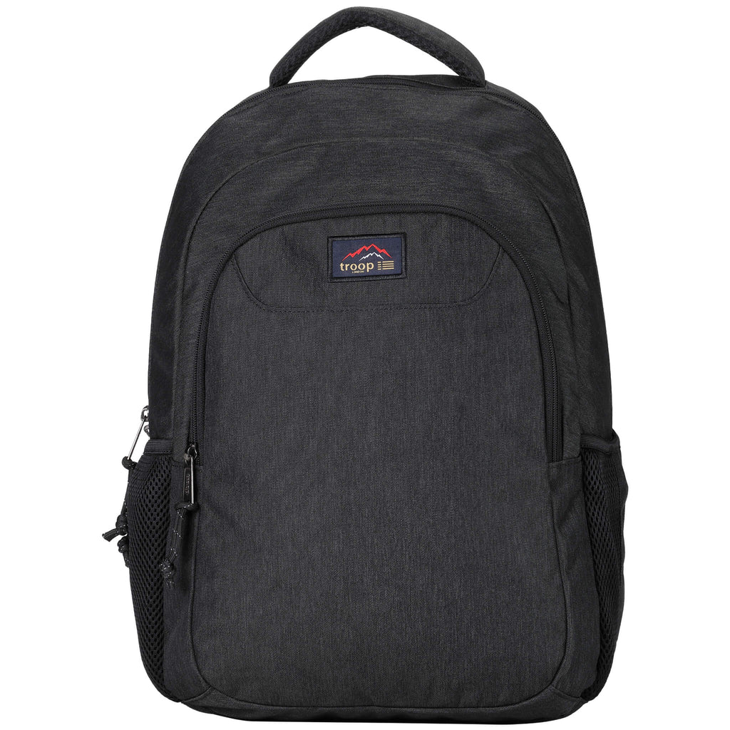 Large black Troop London Urban Daypack backpack with multiple compartments and padded straps, suitable for daily use and travel.