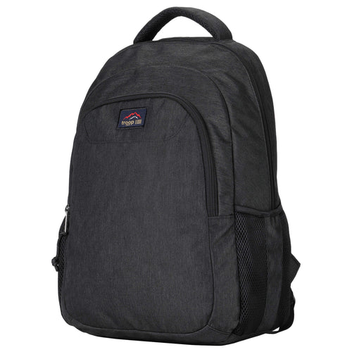 Large black Troop London Urban Daypack backpack with multiple compartments and padded shoulder straps, suitable for daily use.